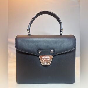 Salvatore Ferragamo Black Pebbled Leather Top Handle Bag Silver Hardware Italy